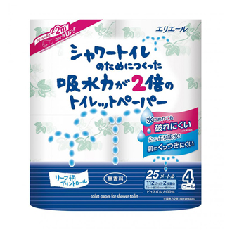 シャワートイレのためにつくった吸水力が２倍のトイレットペーパー４ロールダブル（２５ｍ）